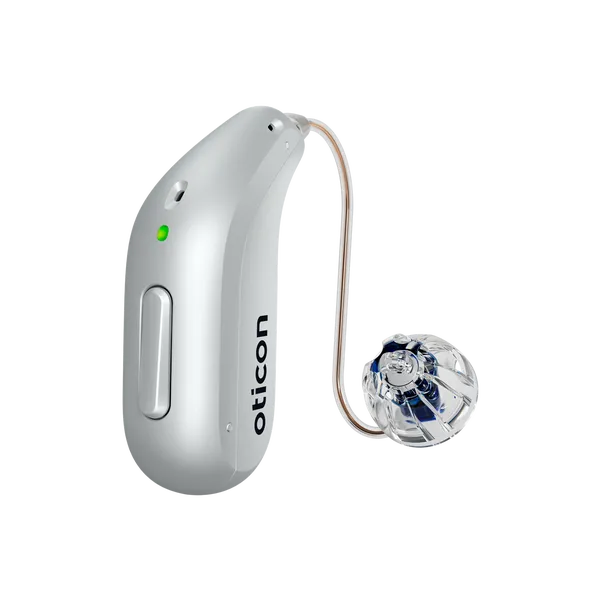 Oticon_Intent_miniRITE_H1-2024_Left_C044Silver_LEDgreen_Speaker60_OpenBassDome_1200x1200px_Original file