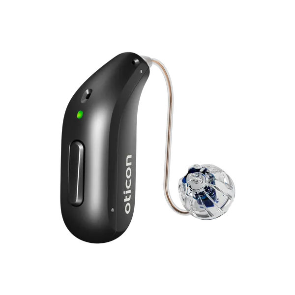 Oticon_Intent_miniRITE_H1-2024_Left_C063DiamondBlack_LEDgreen_Speaker60_OpenBassDome_1200x1200px_Original file
