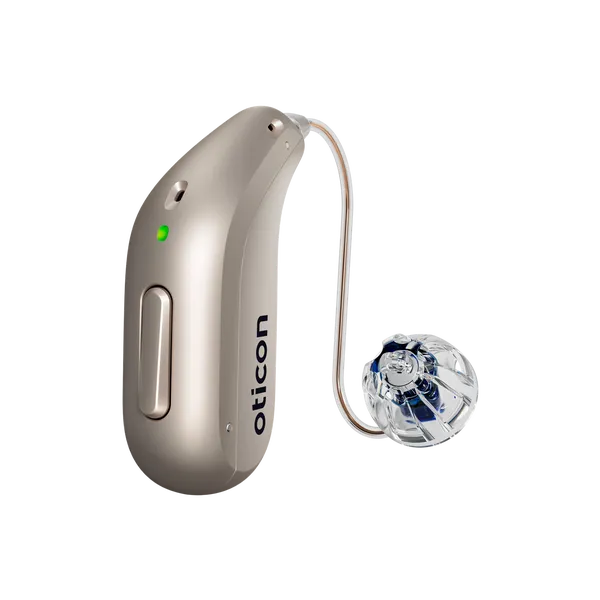Oticon_Intent_miniRITE_H1-2024_Left_C090ChromaBeige_LEDgreen_Speaker60_OpenBassDome_1200x1200px_Original file