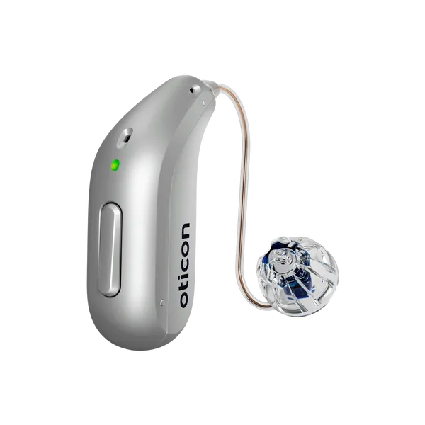 Oticon_Intent_miniRITE_H1-2024_Left_C091SilverGrey_LEDgreen_Speaker60_OpenBassDome_1200x1200px_Original file