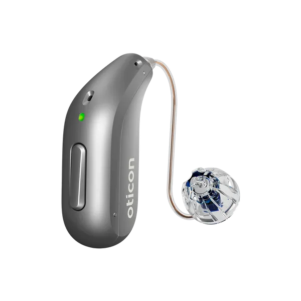 Oticon_Intent_miniRITE_H1-2024_Left_C092SteelGrey_LEDgreen_Speaker60_OpenBassDome_1200x1200px_Original file