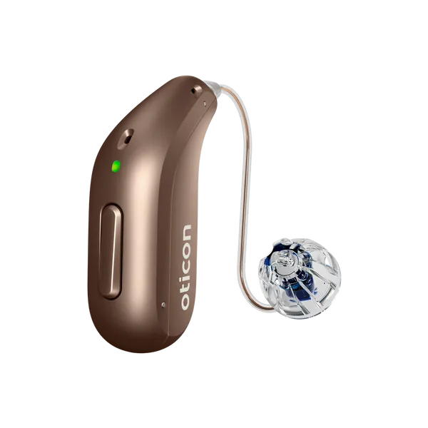 Oticon_Intent_miniRITE_H1-2024_Left_C093ChestnutBrown_LEDgreen_Speaker60_OpenBassDome_1200x1200px_Original file