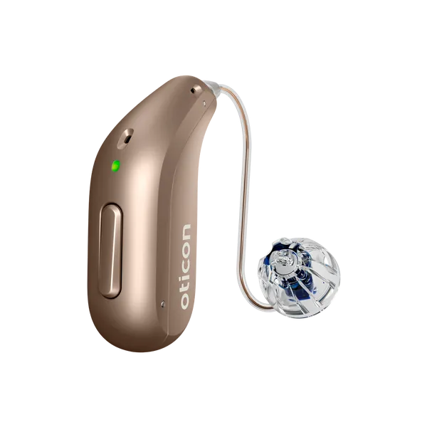 Oticon_Intent_miniRITE_H1-2024_Left_C094Terracotta_LEDgreen_Speaker60_OpenBassDome_1200x1200px_Original file