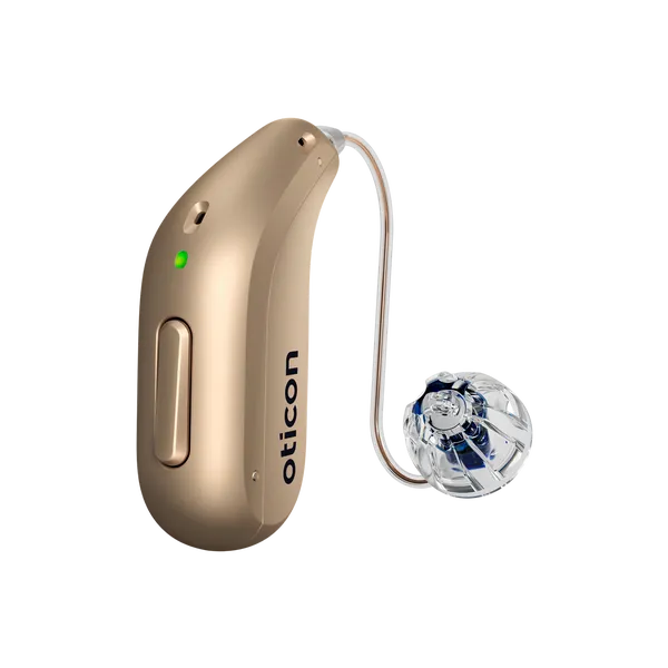 Oticon_Intent_miniRITE_H1-2024_Left_C116HoneyBeige_LEDgreen_Speaker60_OpenBassDome_1200x1200px_Original file